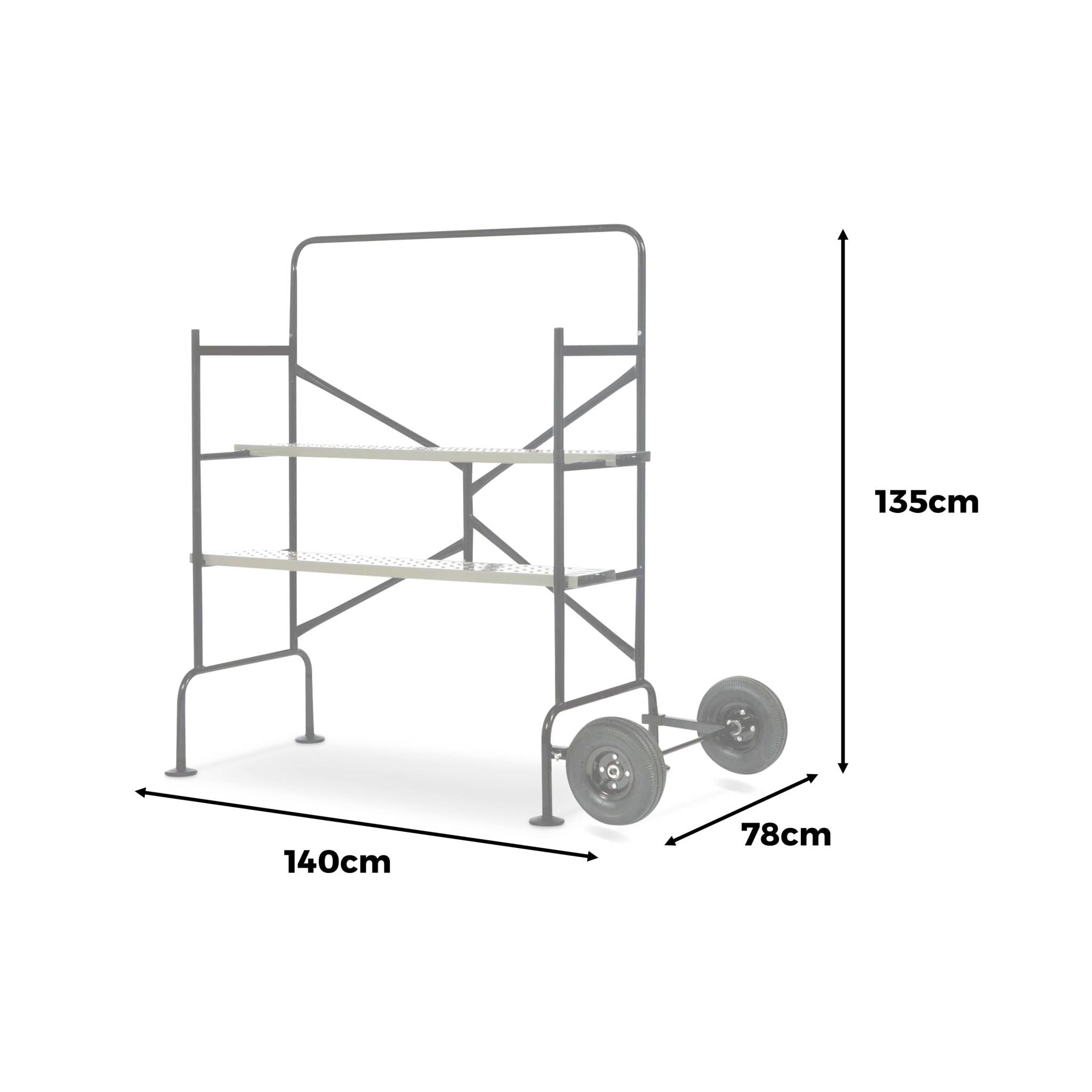 Echafaudage roulant et pliant sur deux niveaux - mobile. 2 roues. L140x l78 x H135cm ouvert. poids supporté 150 kgs