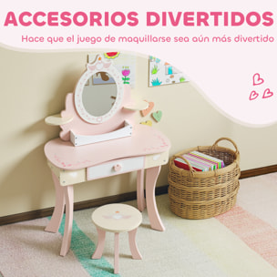 Tocador para Niñas, Tocador de Maquillaje Niñas, 2 en 1, Escritorio, con Taburete, Espejo, Cajón, 7 Accesorios, a Partir de 3 Años, Rosa