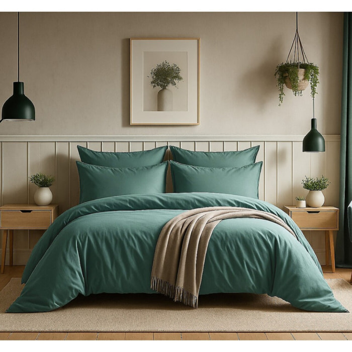 Parure Housse De Couette + 1 taie 100% Coton 57fils Bleu Canard