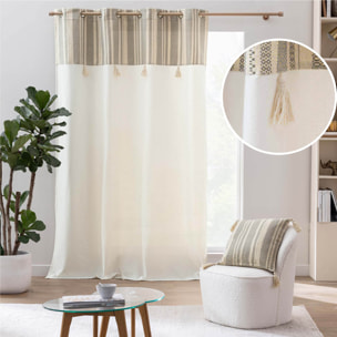 Rideau à œillets polycoton avec top à rayures métallisé et pompons - Naturel