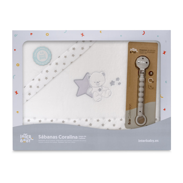 Triptico Cuna Coralina Modelo Osito Sentado + Broche Bco/Gris