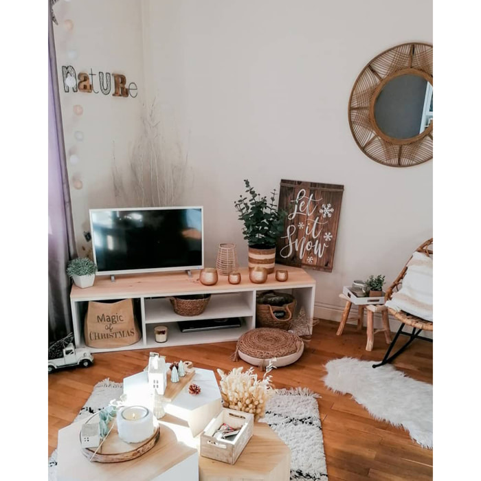 Meuble TV en bois massif ton blanc et naturel 160x40cm Hauteur: 40 Longueur: 160 Largeur: 40
