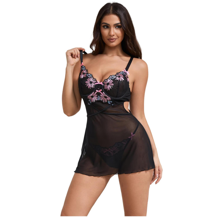 Camisón con tirantes y sujetador con realce, bordado de flores en color negro