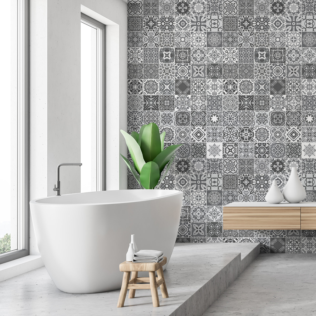 Stickers muraux - Sticker Mural Carrelage adhésif Cuisine Salle de Bain - 60 STICKERS CARREAUX DE CIMENT AZULEJOS ADALIA