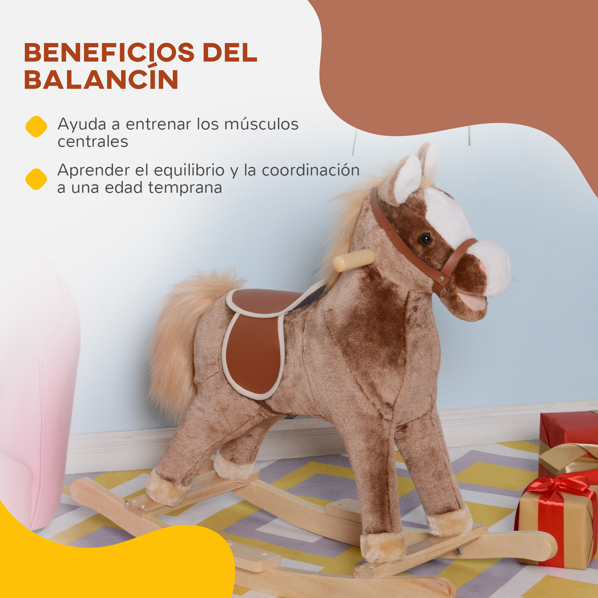 Caballo Balancín para Niños de +3 Años Caballo de Juguete con Asas Marco de Metal y Base de Madera Carga 40 kg 74x33x62 cm Marrón