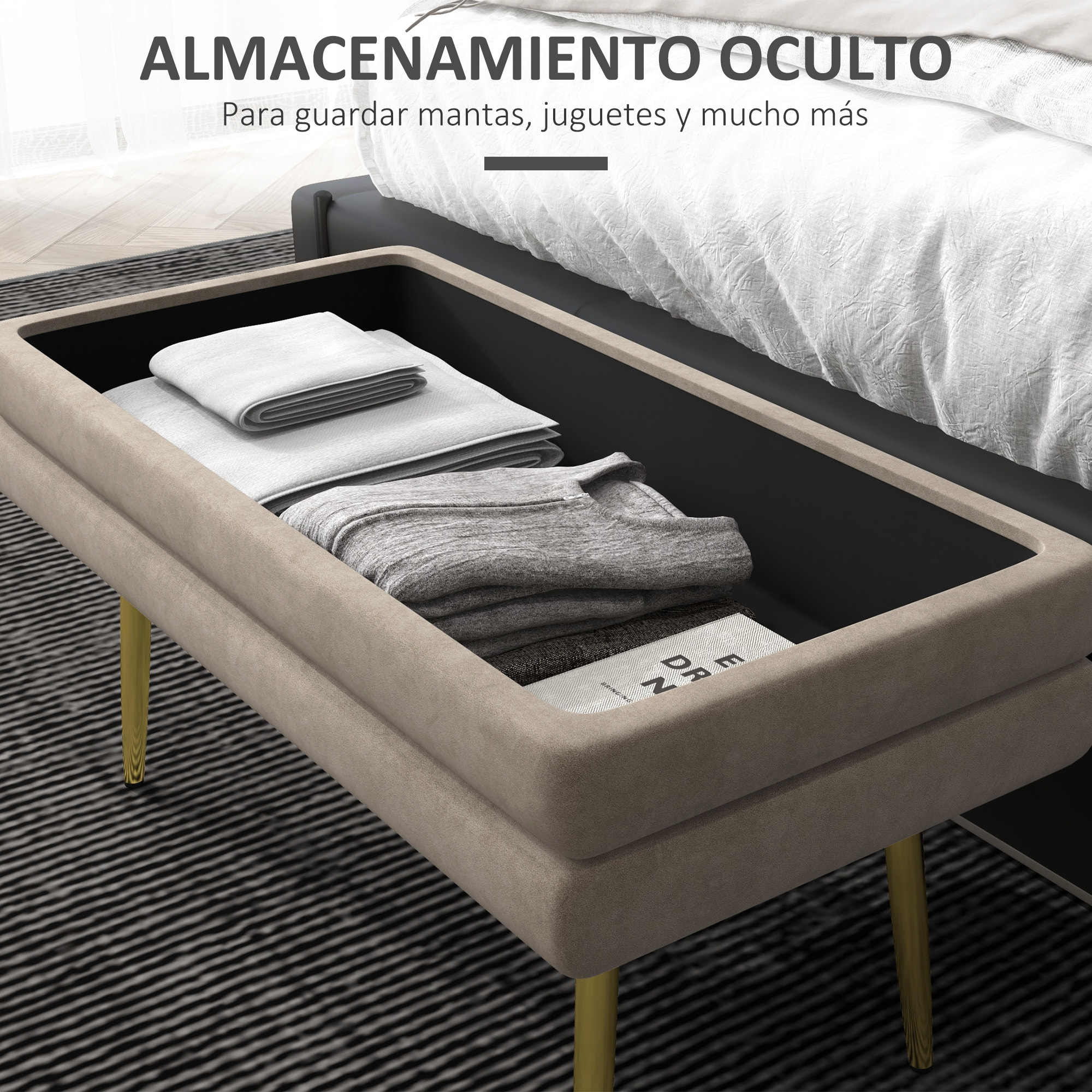 Puff Almacenaje 30L, Banco Almacenaje con Tapa Abatible y Patas de Acero, Tapizado en Terciopelo, Pie de Cama, para Dormitorio, Salón, Entrada, Carga 120 kg, 79,5x37,5x43 cm, Beige
