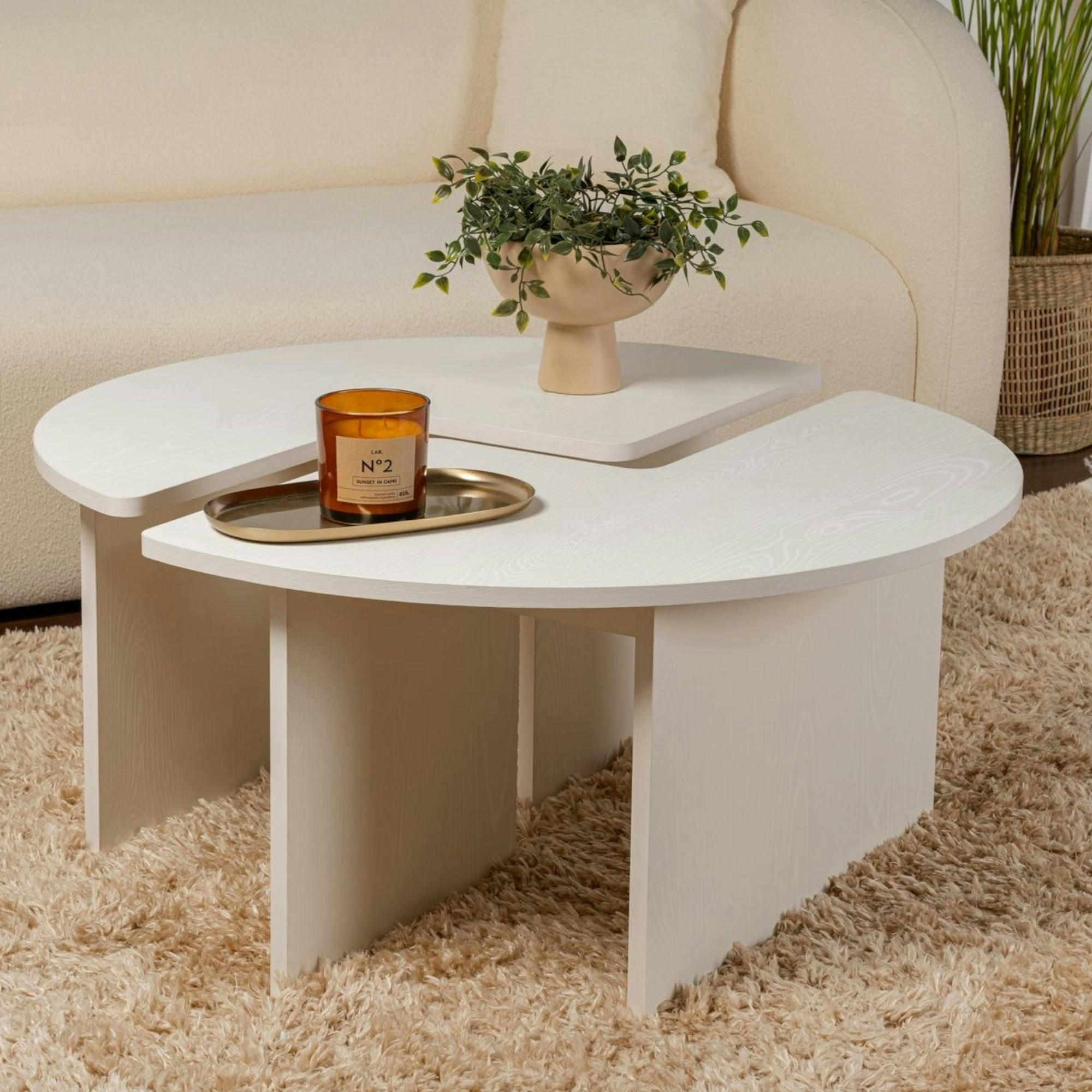 Table basse ronde blanche effet bois - design puzzle MARFA