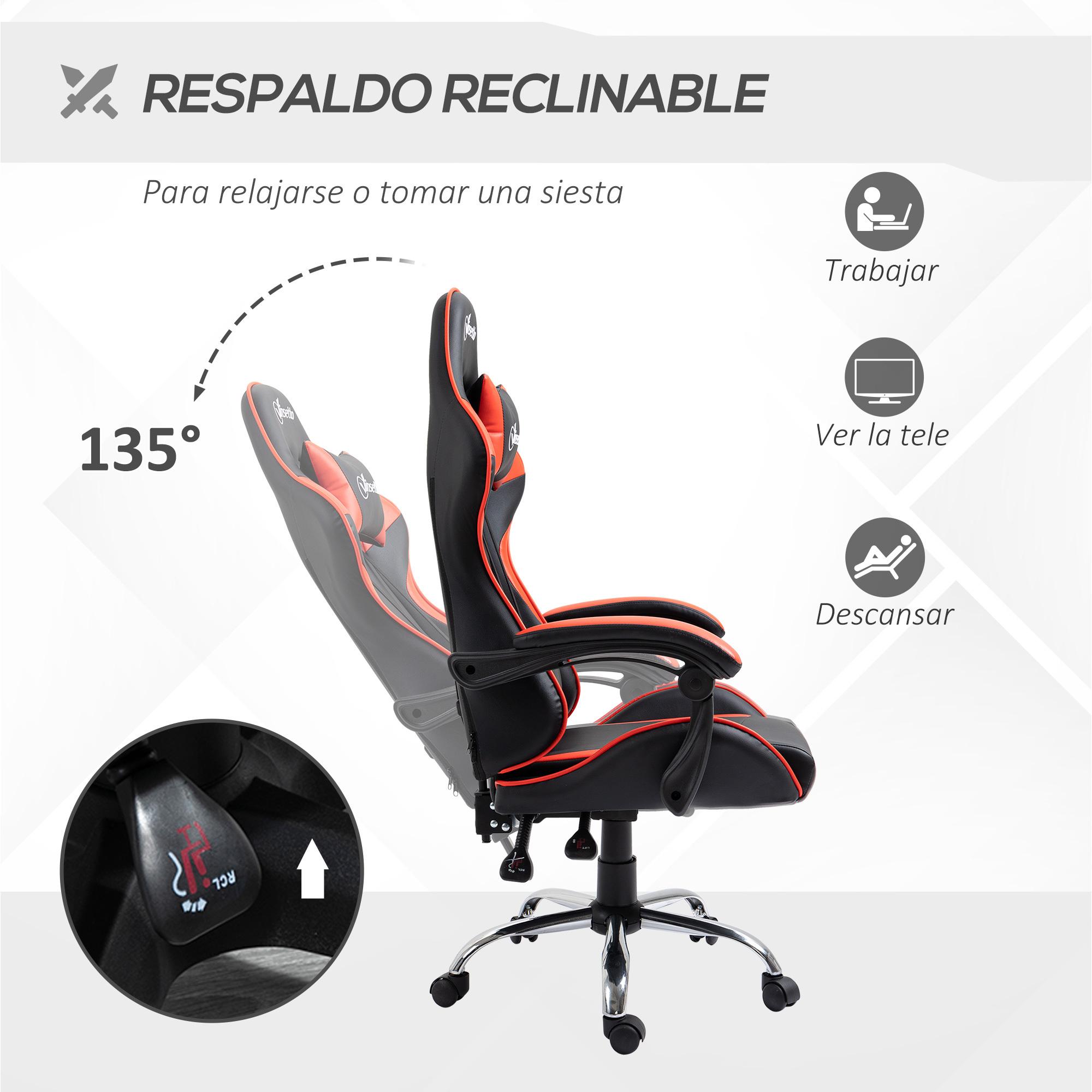 Silla Gaming Ergonómica Silla de Escritorio Racing Giratoria con Altura Ajustable Reclinable de 135° Reposacabezas y Cojín Lumbar para Oficina Estudio 63x67x122-130 cm Rojo