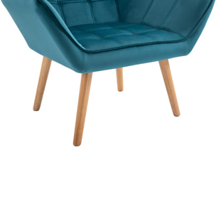 Fauteuil salon design scandinave piètement bois hévéa velours effet capitonné bleu canard