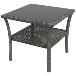 Mesa de Jardín de Ratán Sintético Cuadrada 50x50x45 cm Mesa Auxiliar con Estante Encimera de Vidrio y Marco de Acero Carga 30 kg para Terraza Patio Gris Degradado
