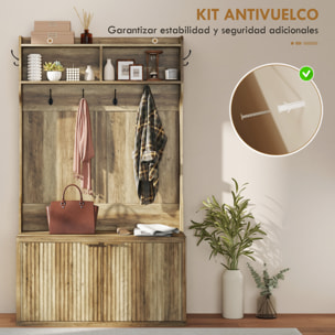 Perchero Zapatero, Perchero Recibidor con 2 Puertas, Estantes Abiertos, 6 Ganchos, para Pasillo, Dormitorio, Salón, Estilo Moderno, 100x38x172 cm, Roble