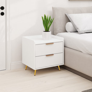 Chevet table de nuit design cannelé doré 2 tiroirs plateau rebord blanc