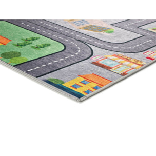 CANDY Alfombra infantil lavable con carreteras multicolor, 120x170 cm