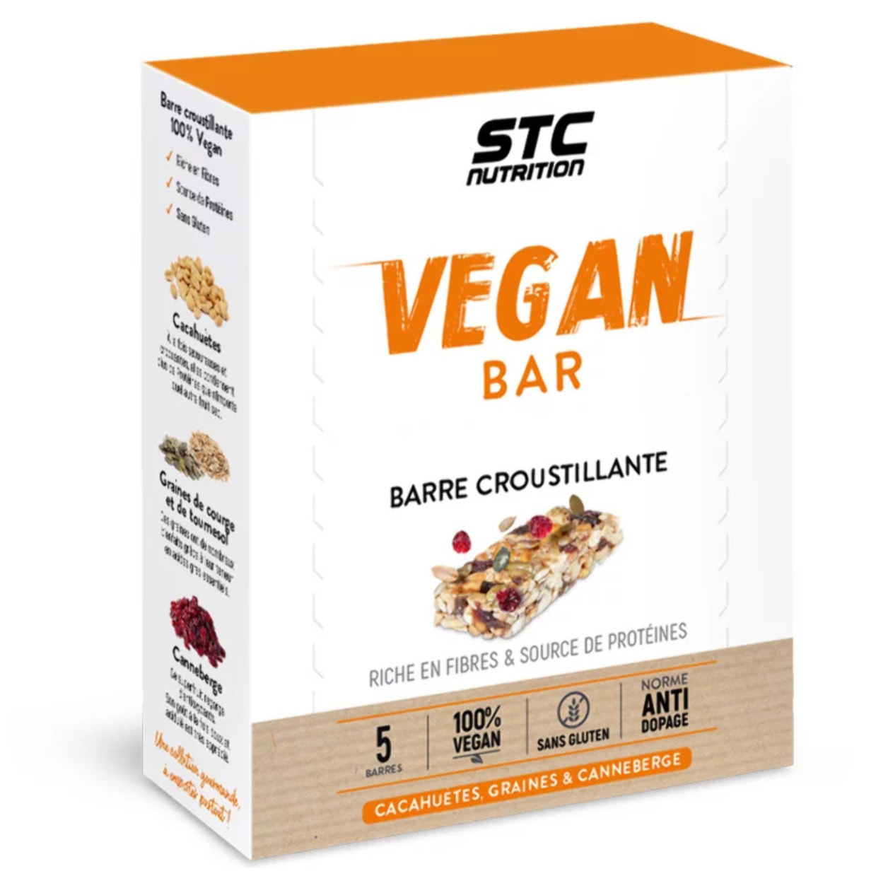 Vegan bar - Barre énergétique - Source de protéines - Riche en fibres - Peanut, seeds & cranberry - Anti-Dopage - 100% Vegan - 5 barres