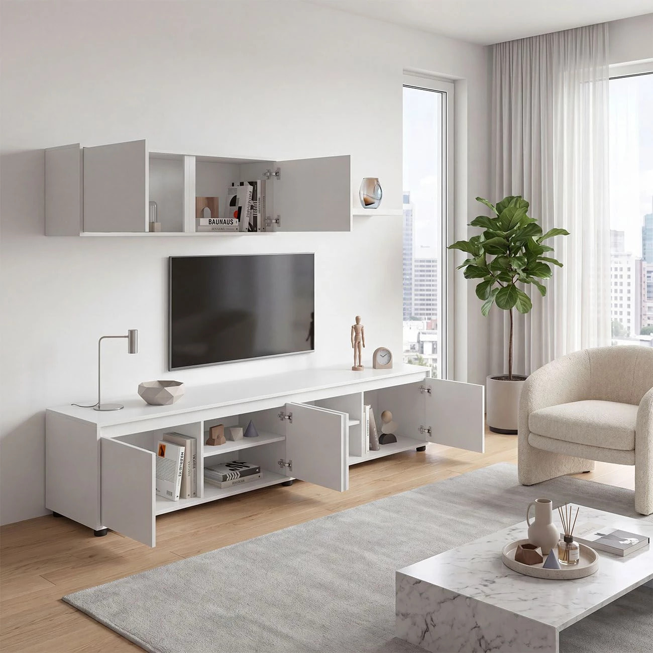 Salón con mueble de TV y estantería en blanco artik 200 cm Arlet Blanco Artik (Blanco Mate)