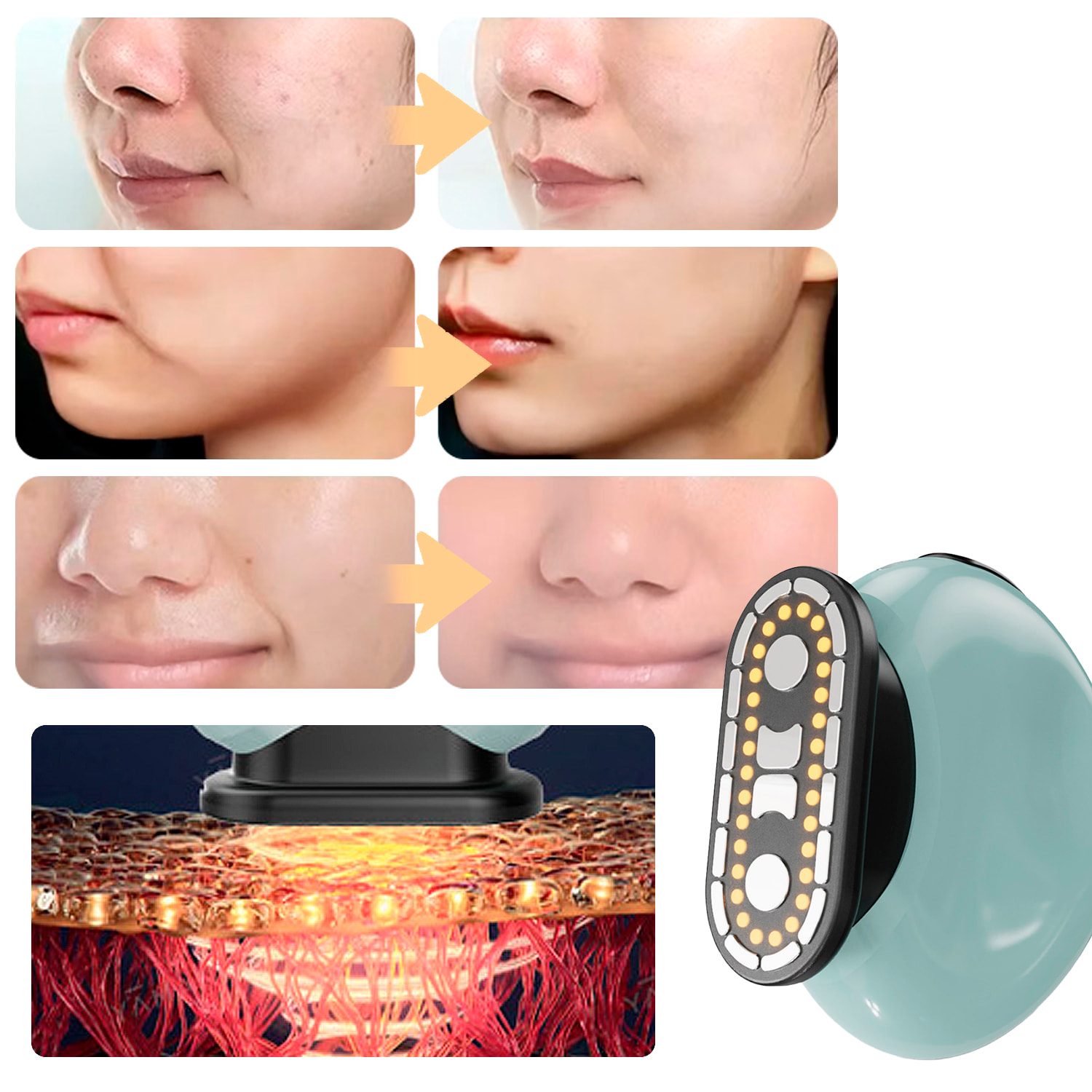 Dispositivo facciale JM-115 con microcorrenti, luce LED rossa e vibrazione per migliorare la fermezza, il contorno e l'assorbimento dei trattamenti. Batteria ricaricabile e 4 modalità d'uso.