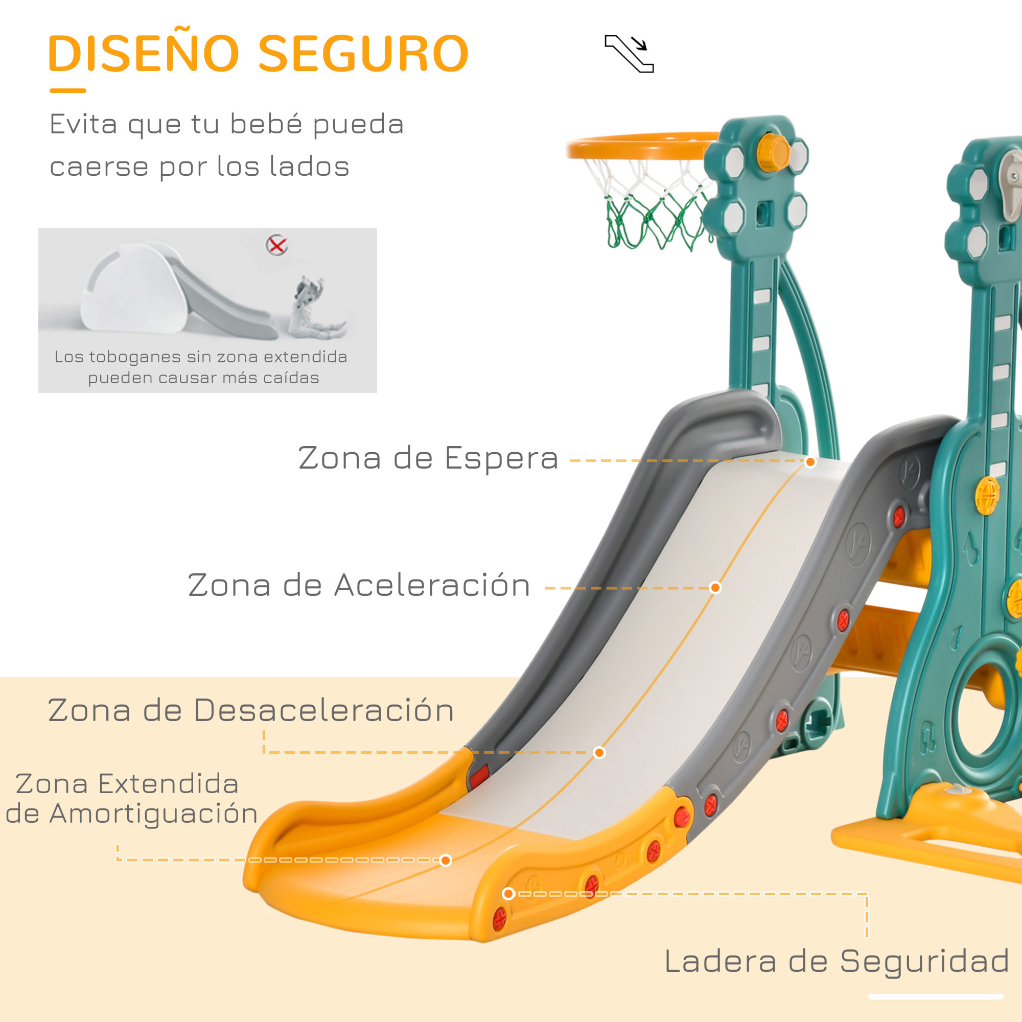 Tobogán Infantil con Columpio y Canasta Baloncesto 18-36 Meses Asiento Ajustable