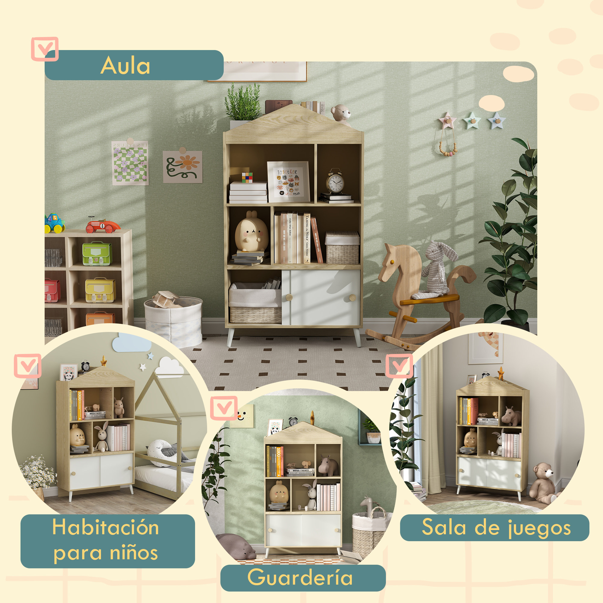 Estantería Infantil de Madera con 4 Compartimentos Librería Infantil con Estantes Abiertos y Armario para Habitación de Niños Sala de Juegos 80x30x140,5 cm Blanco y Natural