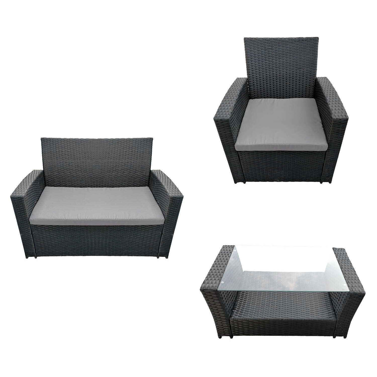 Salon de jardin COMINO en résine tressée noir 4 places - coussins gris