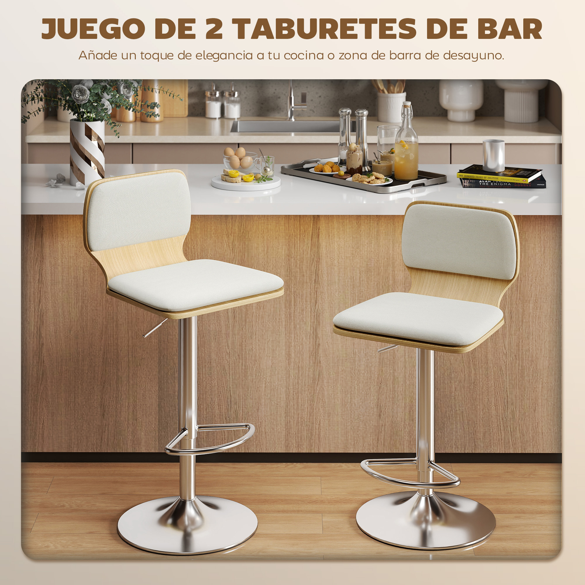 Juego de 2 Taburetes Altos de Cocina Giratorios en 360°, Taburetes de Bar Regulables en Altura de 81-102 cm, Tapizados en Lino, Reposapiés, para Comedor, Mostrador, Beige