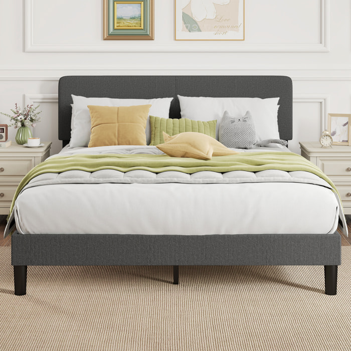 Somier 160x200 cm con Cabecero Ajustable, Estructura de Cama, Tapizado en Pana, Láminas de Madera, Fácil de Montar, Gris Oscuro