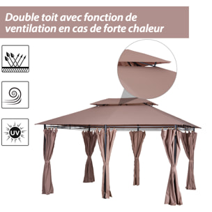 Tonnelle barnum pavillon de jardin style colonial double toit toiles latérales amovibles 3L x 4l x 2,65H m chocolat