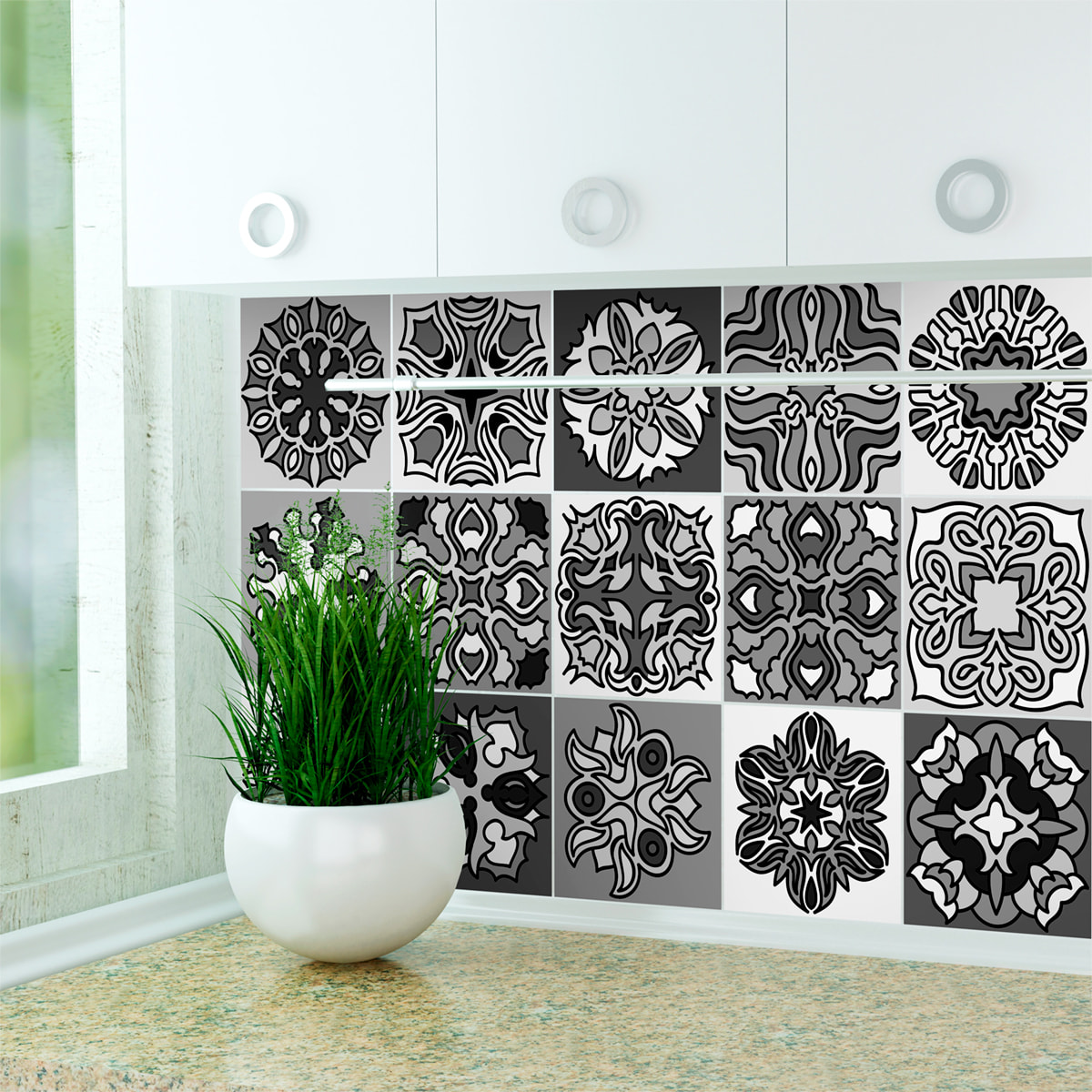 Stickers muraux - Sticker Mural Carrelage adhésif Cuisine Salle de Bain - 15 STICKERS CARRELAGES AZULEJOS NUANCES DE GRIS JAVA