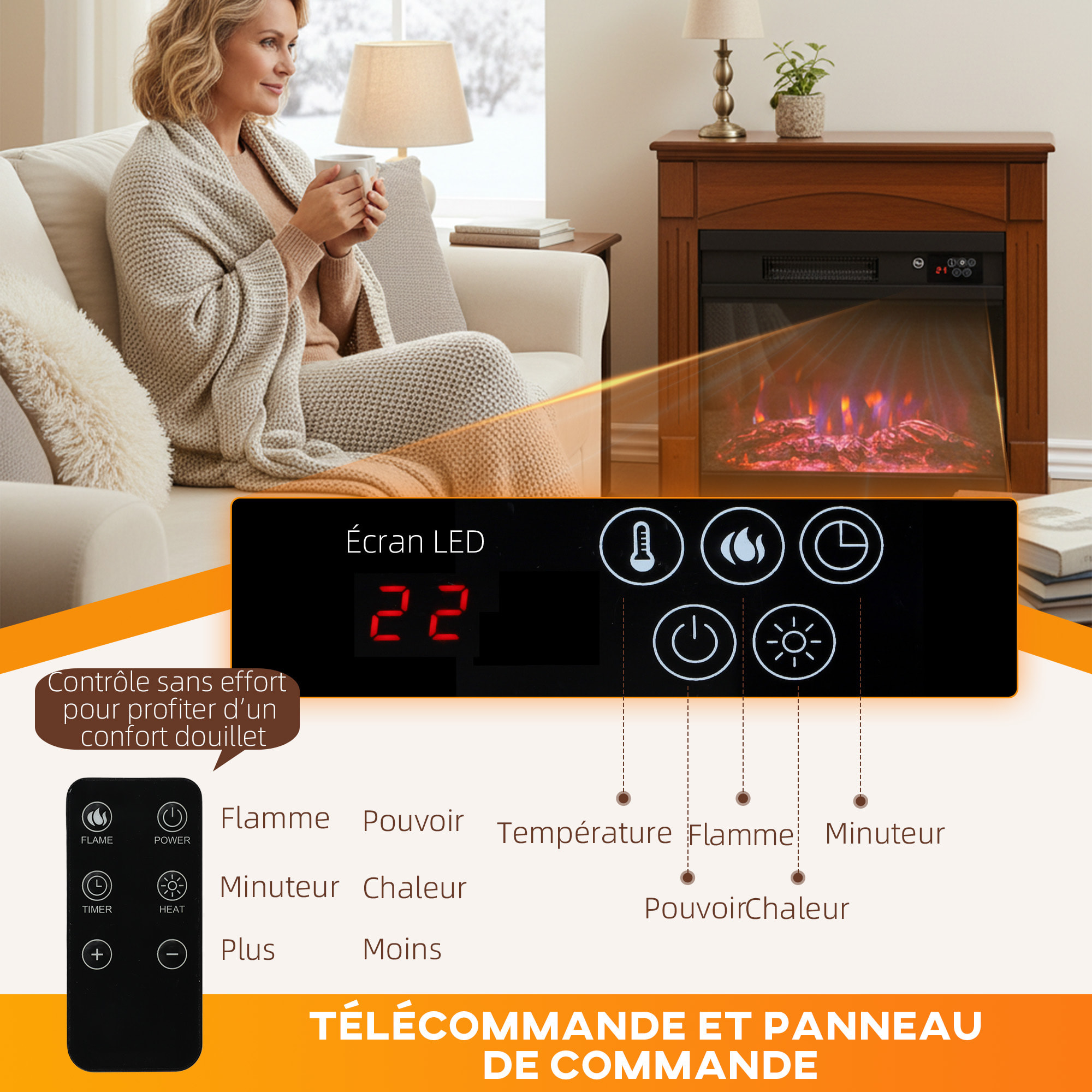 Cheminée électrique design effet bois 1000-2000W télécommande réglable