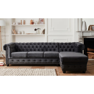 William - canapé Chesterfield d'angle droit - 4 places - en velours - Gris foncé