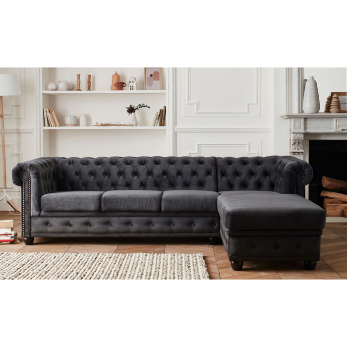 William - canapé Chesterfield d'angle droit - 4 places - en velours - Gris foncé