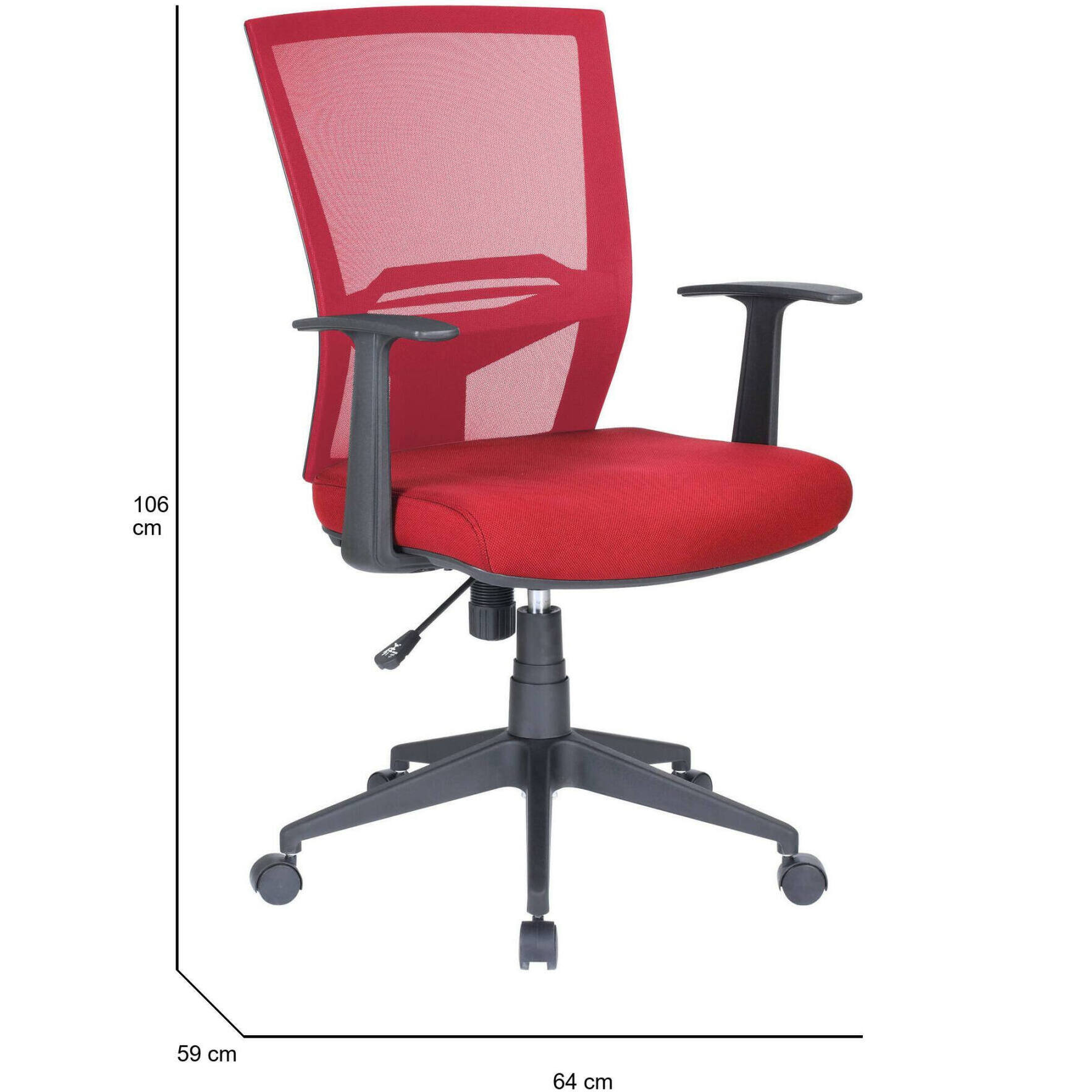 Sedia da ufficio Palmerston, Poltrona direzionale a rete con braccioli, Seduta ergonomica da ufficio, 59x64h96/106 cm, Rosso