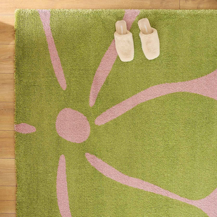 GROOVY - Tapis rétro coloré à motif fleur - Confortable et moelleux - Vert