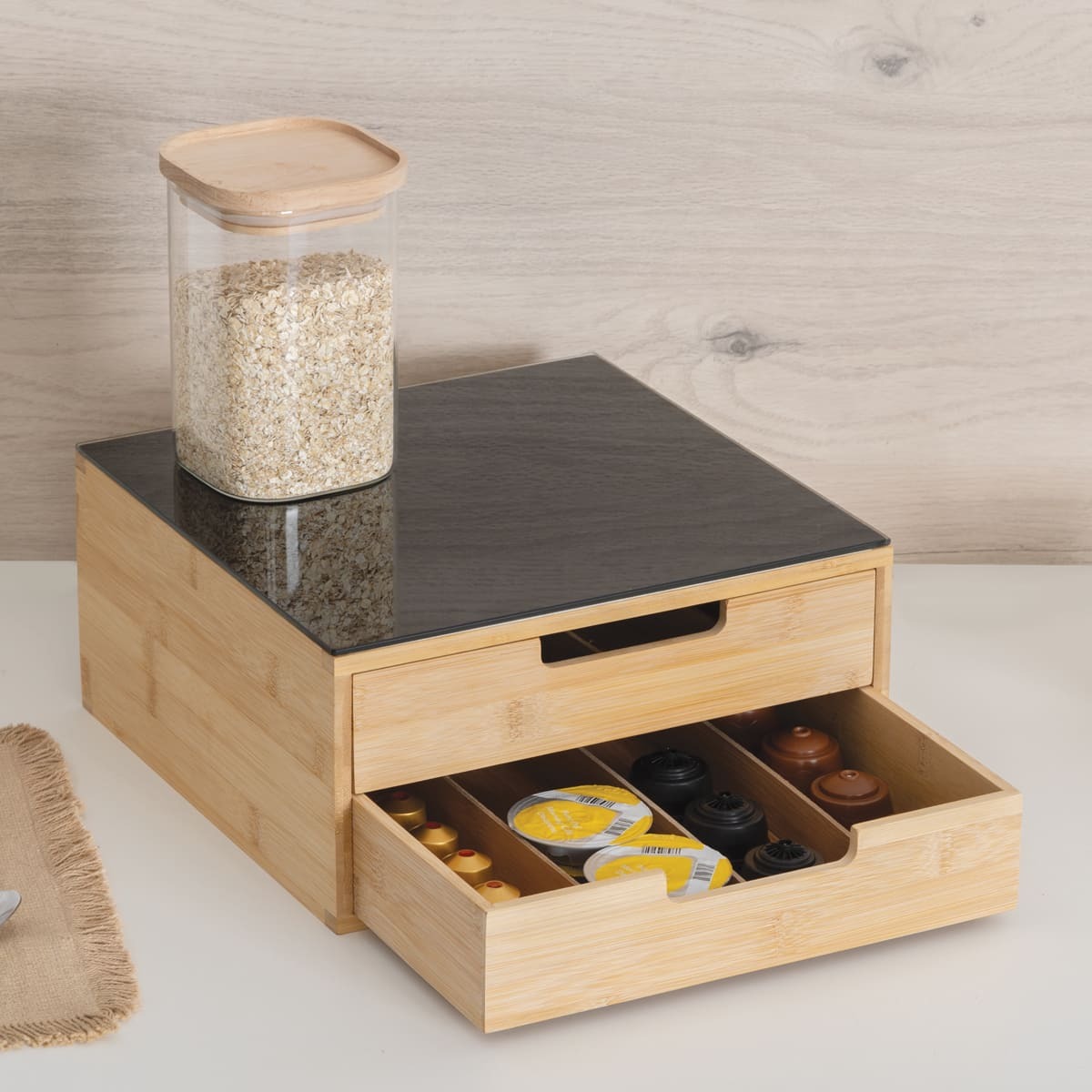 Porte-capsules "BlackBamboo" 2 tiroirs beige