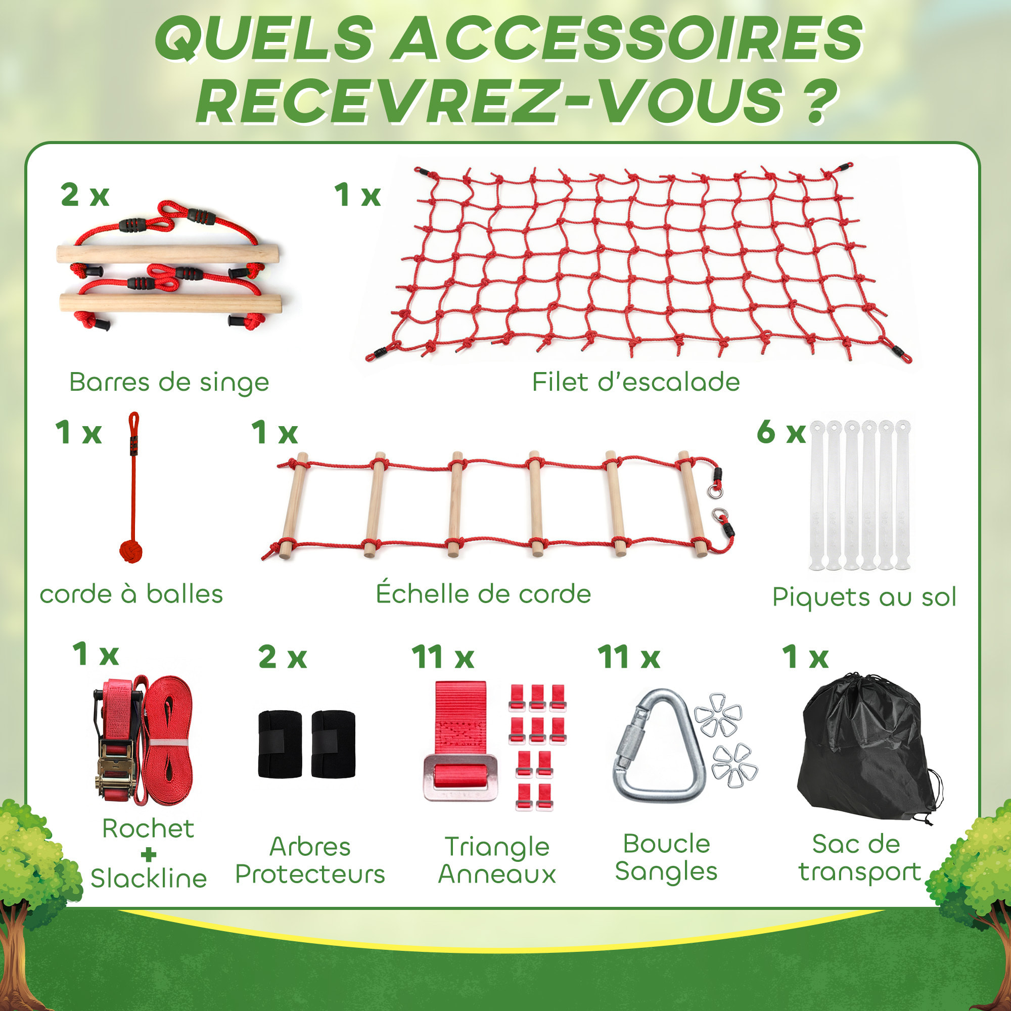 Parcours d'obstacles Ninja enfants 10 M charge 100 kg PP rouge