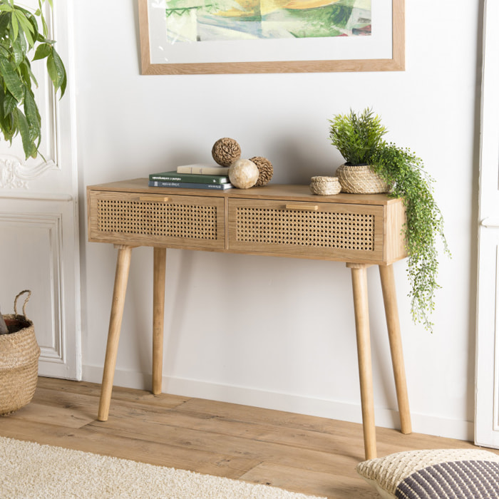 ROMEO - Console couleur naturelle 2 tiroirs bois cannage