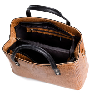 FIRENZE ARTEGIANI Borsa Tote Vittoria da Donna. Vera Pelle Scamosciata Incisione Serpente Made in Italy 32x14x25 Cm. Marrone chiaro