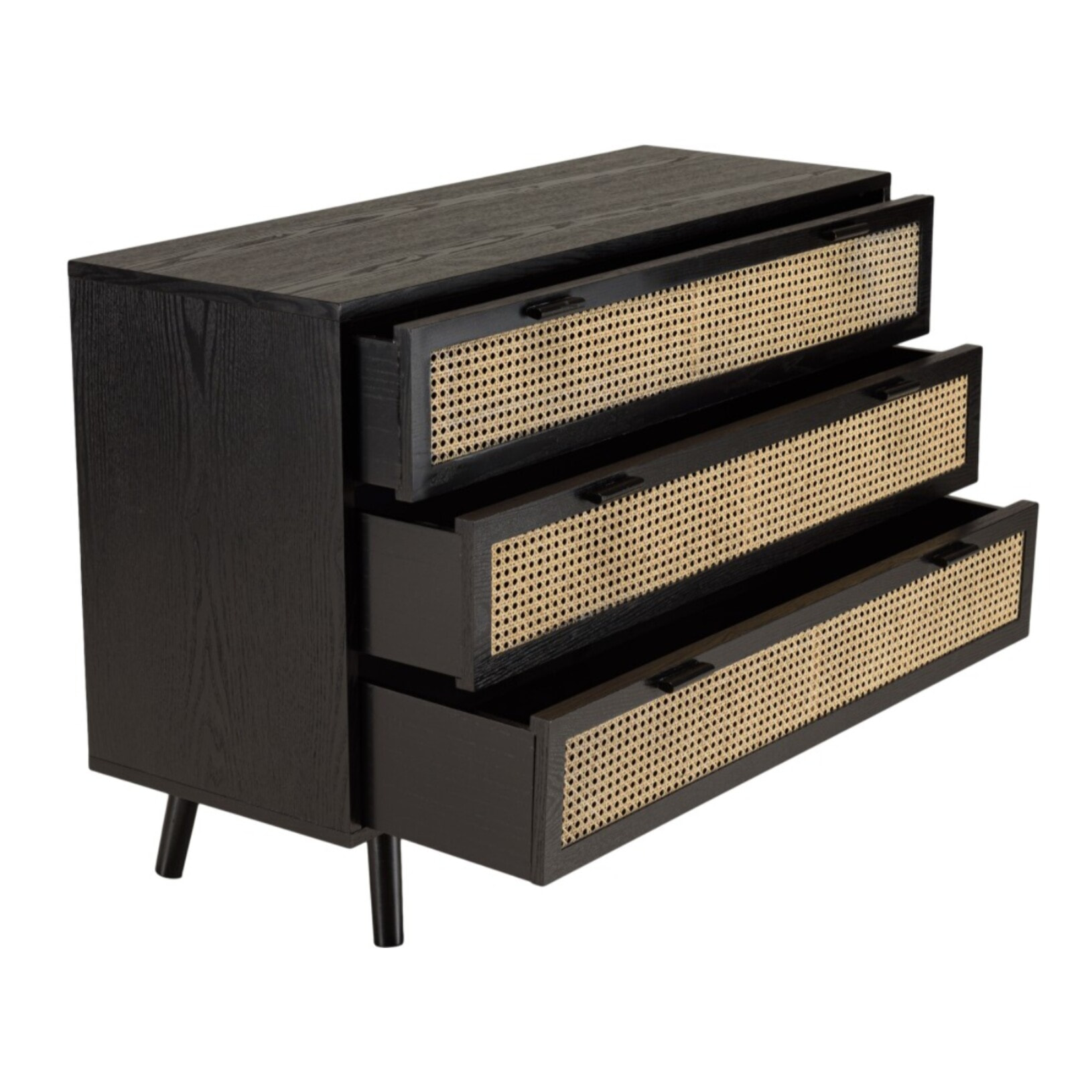 ANGELO - Commode noire 3 tiroirs cannage naturel