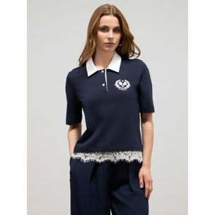 Oltre - T-shirt polo con ricamo e pizzo - Blu