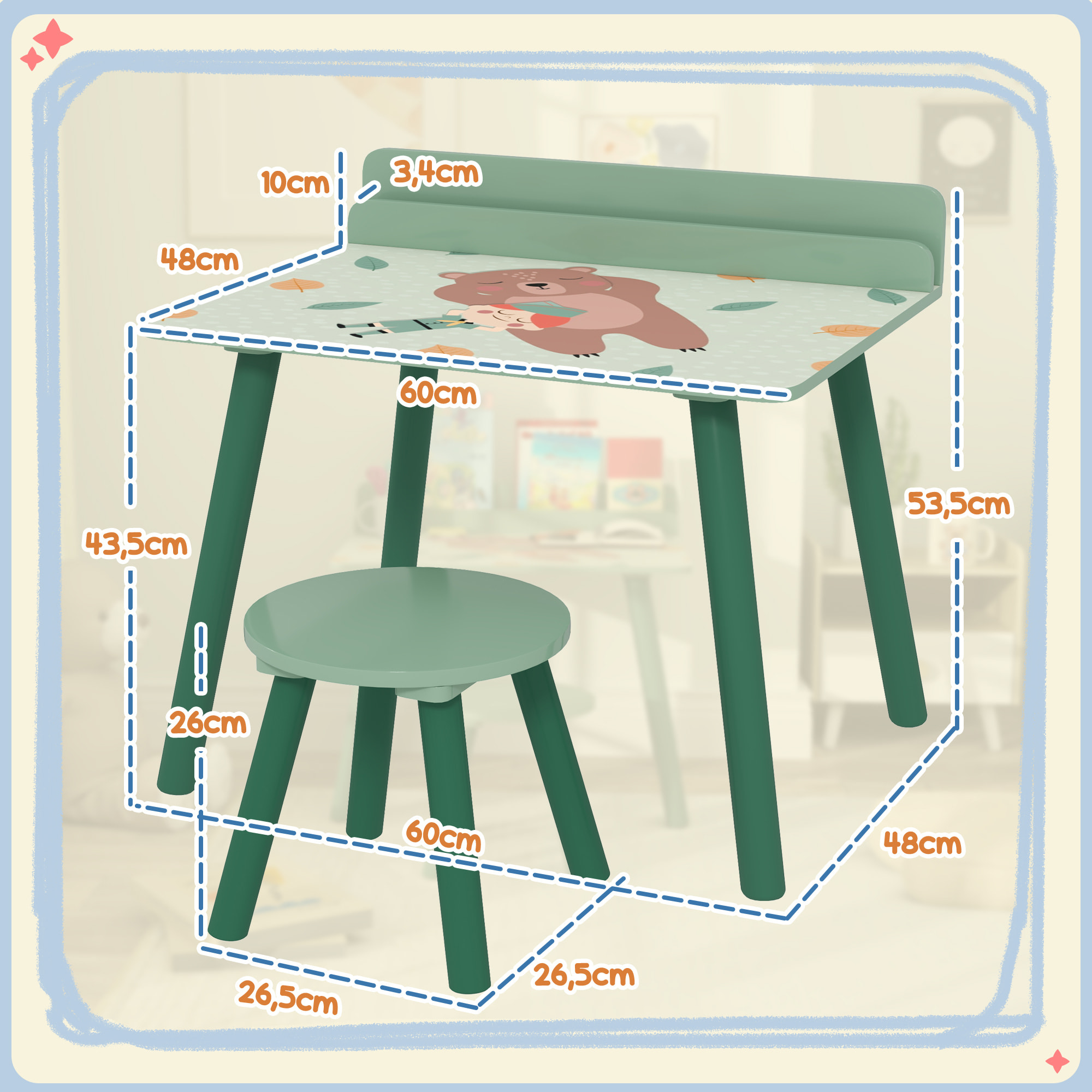 Mesa y Silla Infantiles de 2 Piezas Mesa Infantil con Silla y Estante para Libros Escritorio para Niños de +3 Años para Sala de Juegos Verde