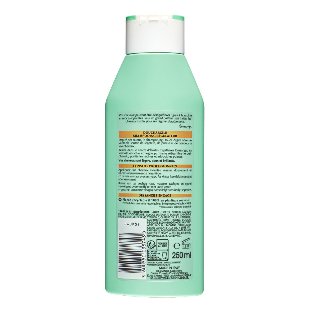 Lot de 12 - Dessange Douce Argile Shampooing Régulateur Racines Grasses Pointes Sèches 250ml
