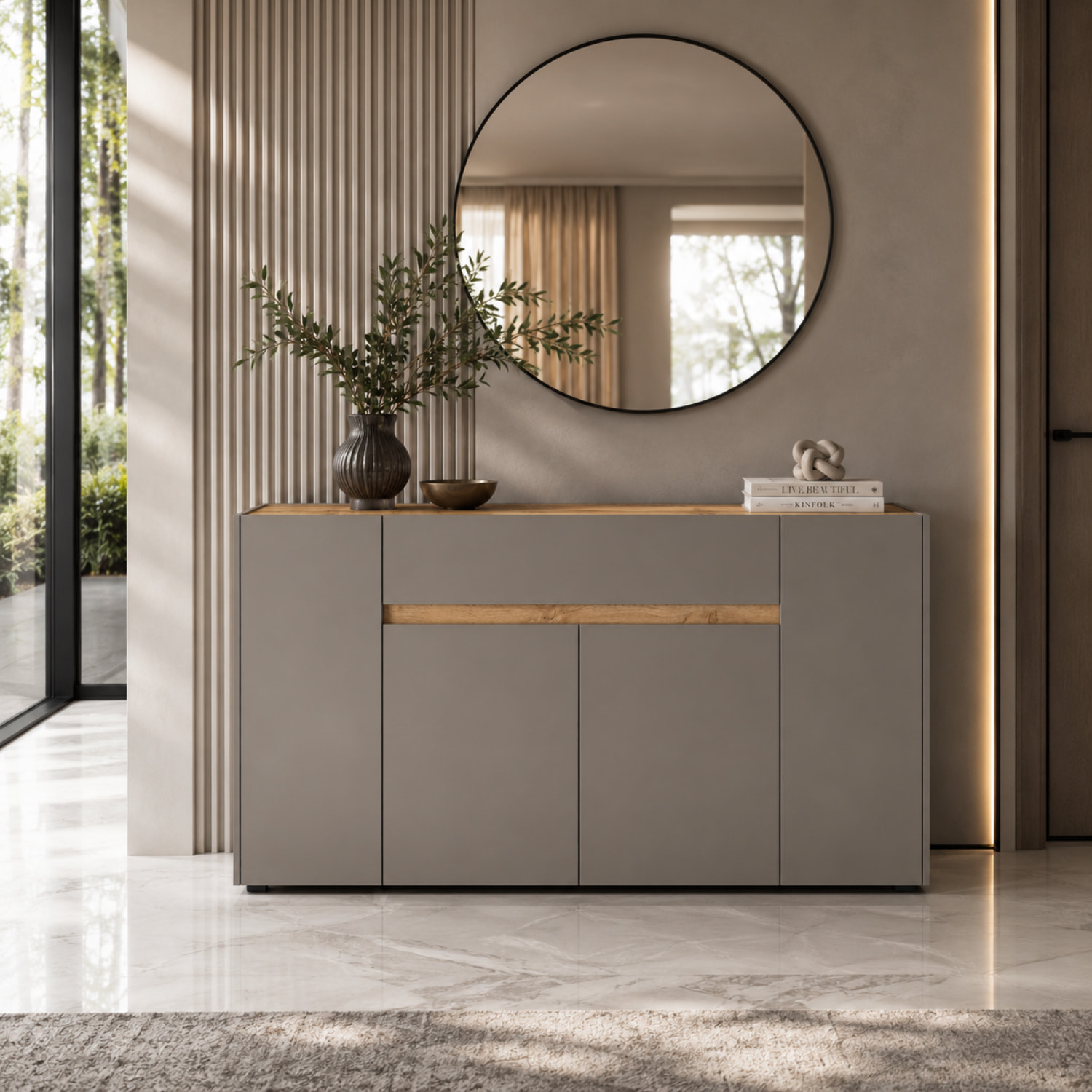 Credenza Moderna Madia In Melaminico Con 4 Ante E 1 Cassetto Mobile Contenitore Sala da Pranzo Soggiorno Design Senza Maniglie 170x85x40 cm Beige