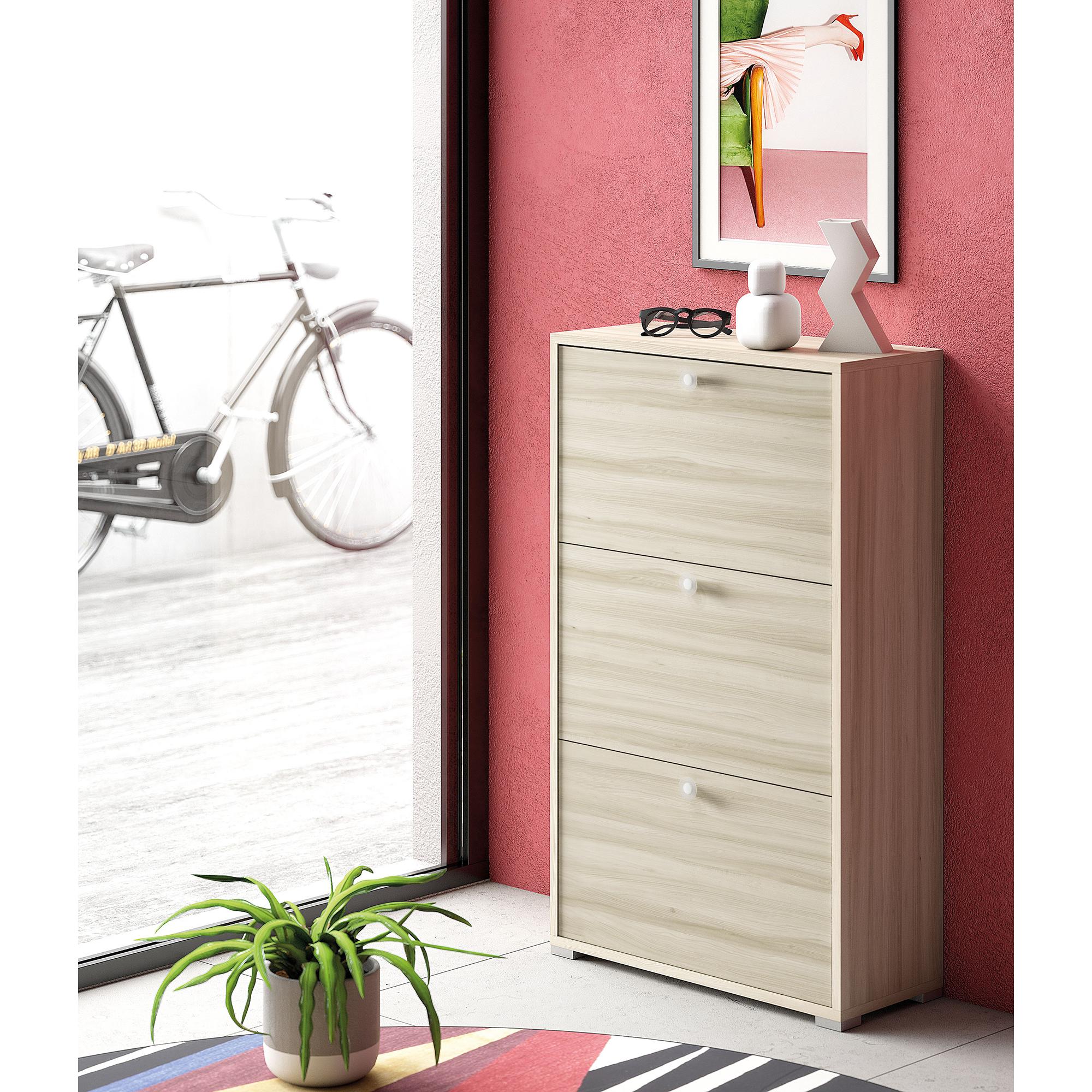 Scarpiera Peonia, Mobile multiuso da ingresso con 3 ante a ribalta, Armadietto portascarpe a doppia profondità, 100% Made in Italy, Cm 67x28h112, Olmo