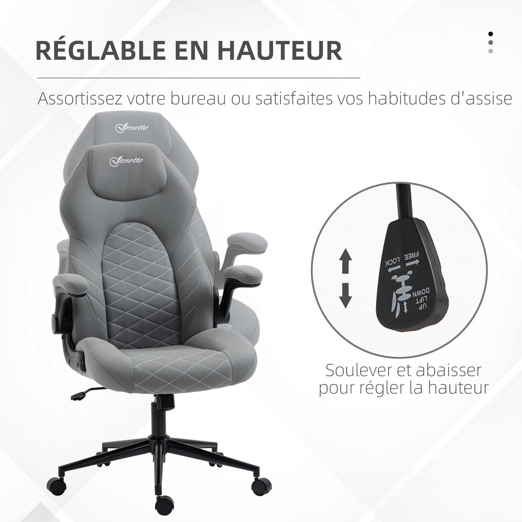 Fauteuil de bureau chaise de bureau ergonomique hauteur réglable pivotant 360° accoudoirs relevables tissu gris clair