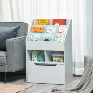 Bibliothèque étagère multi-rangement 3 étagères 2 niches grand tiroir MDF gris clair