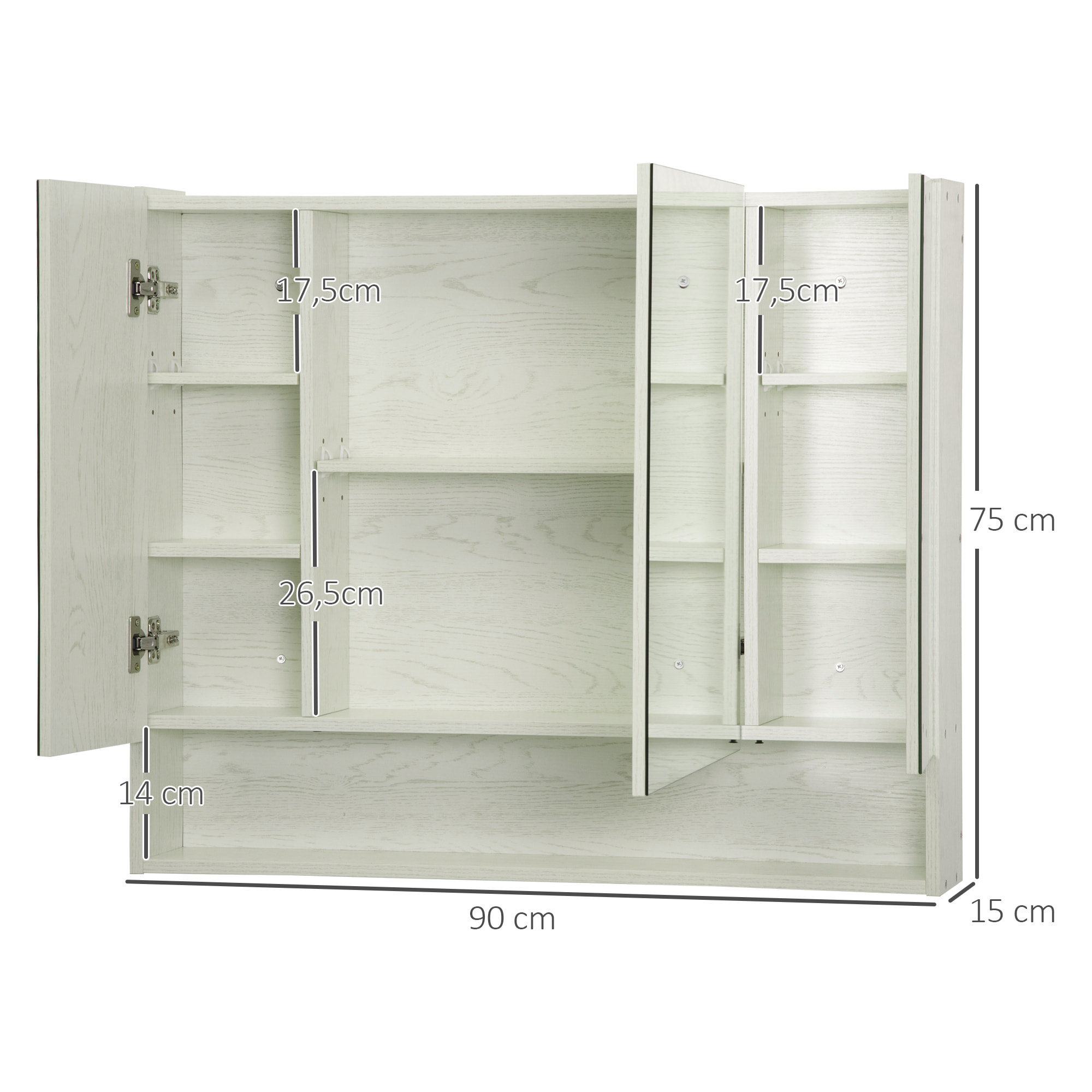 Armario de Baño con Espejo Armario de Pared con 3 Puertas Estante Ajustable y Compartimento Mueble de Baño Colgante para Salón 90x15x75 cm Blanco