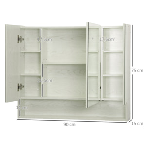 Armario de Baño con Espejo Armario de Pared con 3 Puertas Estante Ajustable y Compartimento Mueble de Baño Colgante para Salón 90x15x75 cm Blanco