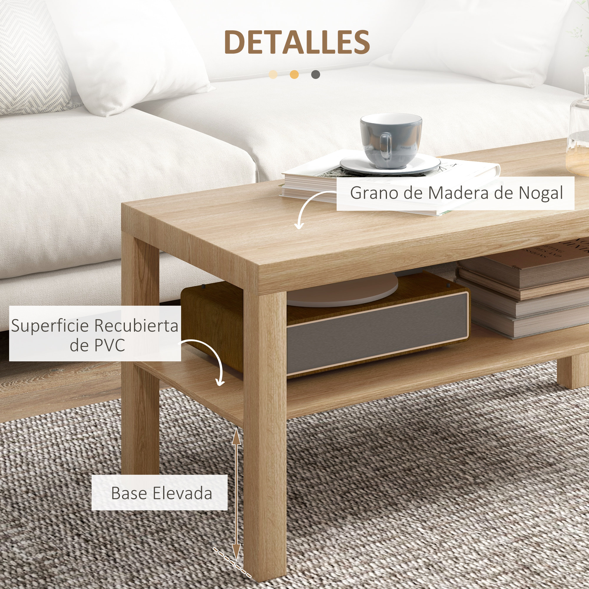 Mesa de Centro Mesa baja para Salón con 2 Estantes de Almacenamiento para Sala de Estar Dormitorio 90x45x44,5 cm Natural