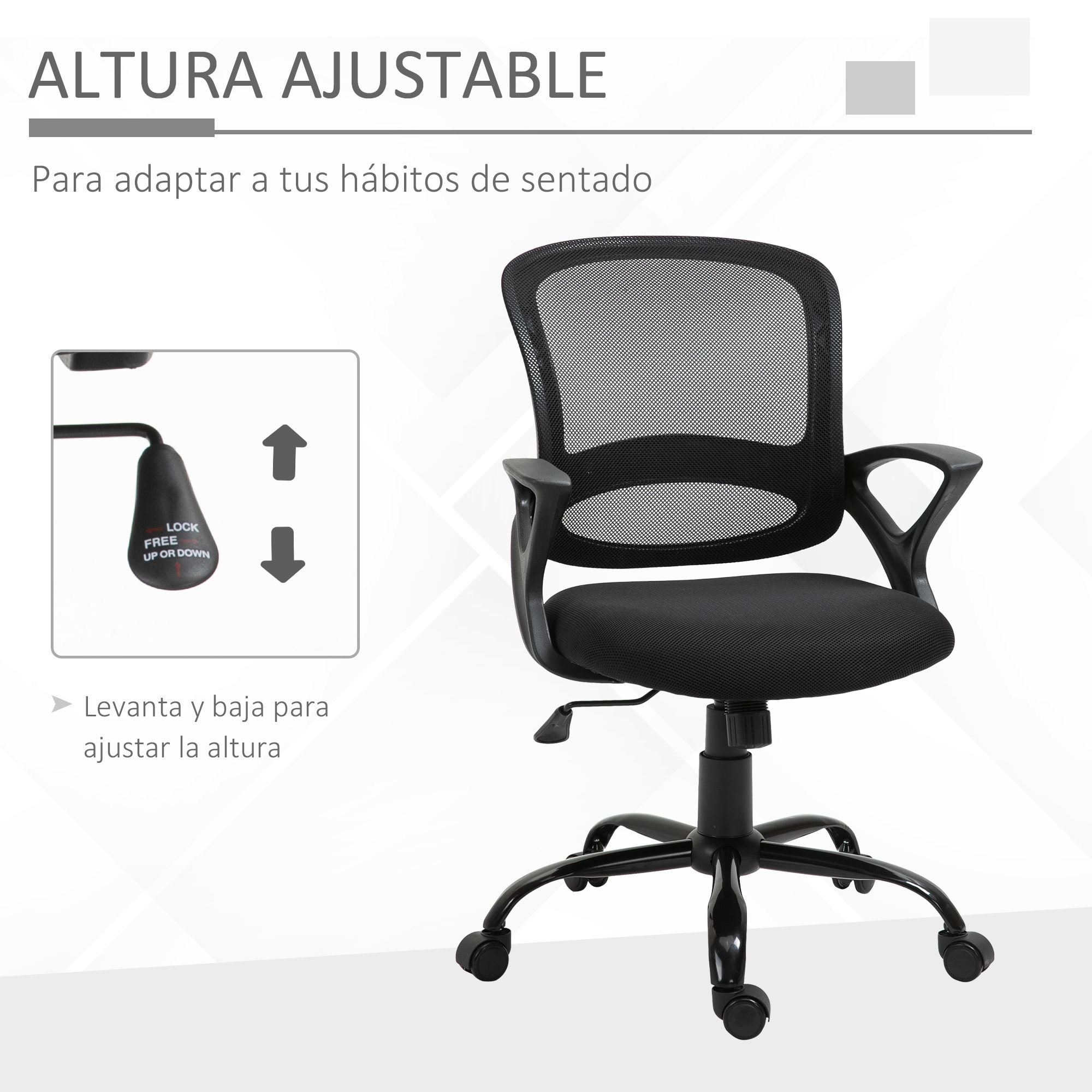 Vinsetto Silla de Oficina Ergonómica Silla de Escritorio Basculante con Altura Ajustable Asiento Giratorio 360° y Soporte Lumbar Malla Transpirable 61x61x89-99 cm Negro