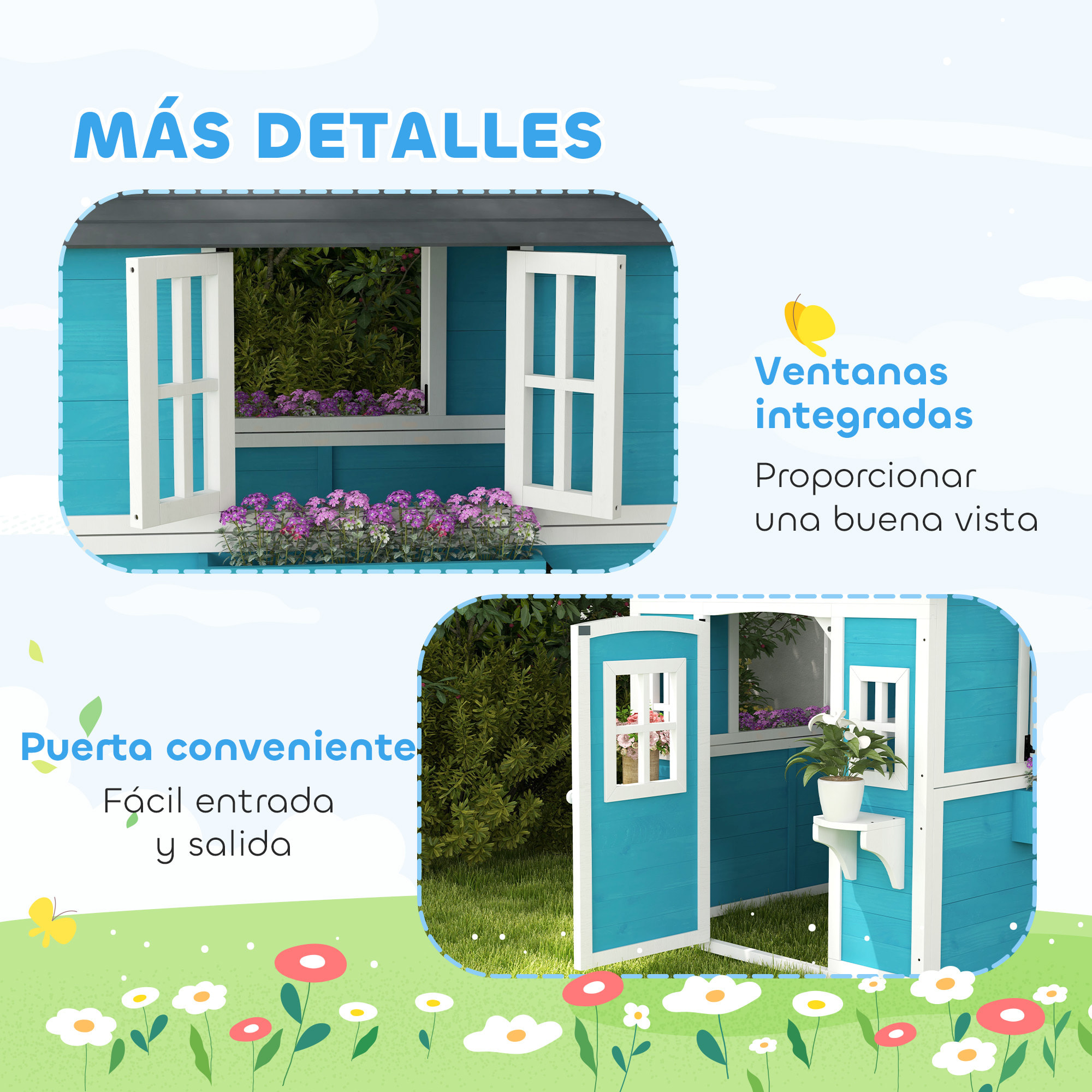 Casa de Jardín Infantil Casa de Madera para Niños con Puerta Ventanas Jardineras y Soportes de Flores 114x126,4x135 cm Azul