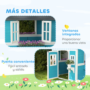 Casa de Jardín Infantil Casa de Madera para Niños con Puerta Ventanas Jardineras y Soportes de Flores 114x126,4x135 cm Azul